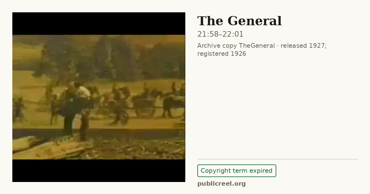 Frame from THE GENERAL (1926) at 21:58; US record: Copyright term expired