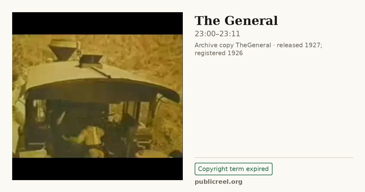 Frame from THE GENERAL (1926) at 23:00; US record: Copyright term expired