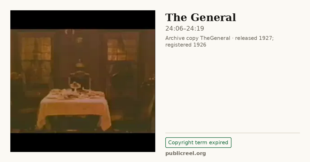 Frame from THE GENERAL (1926) at 24:06; US record: Copyright term expired